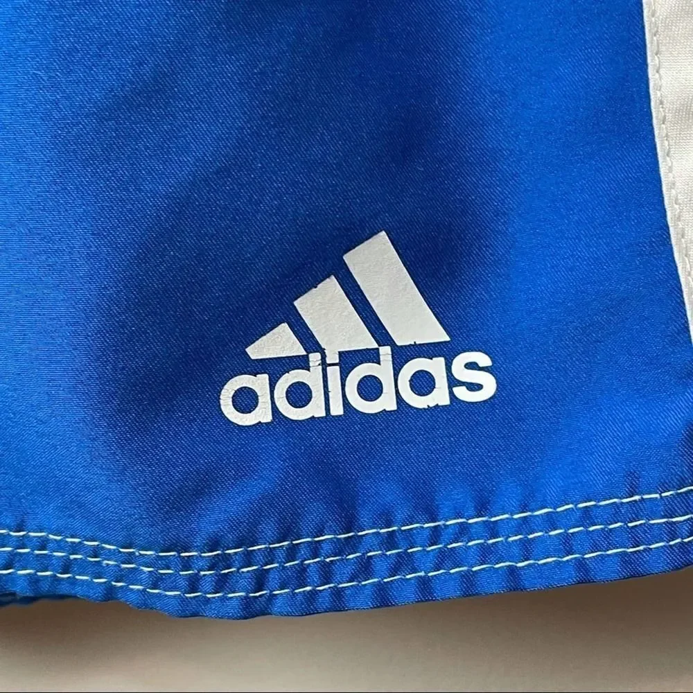 Adidas Solid Royal Blue White Track Stripes Swim Trunks w/ Pockets Drawstring L
